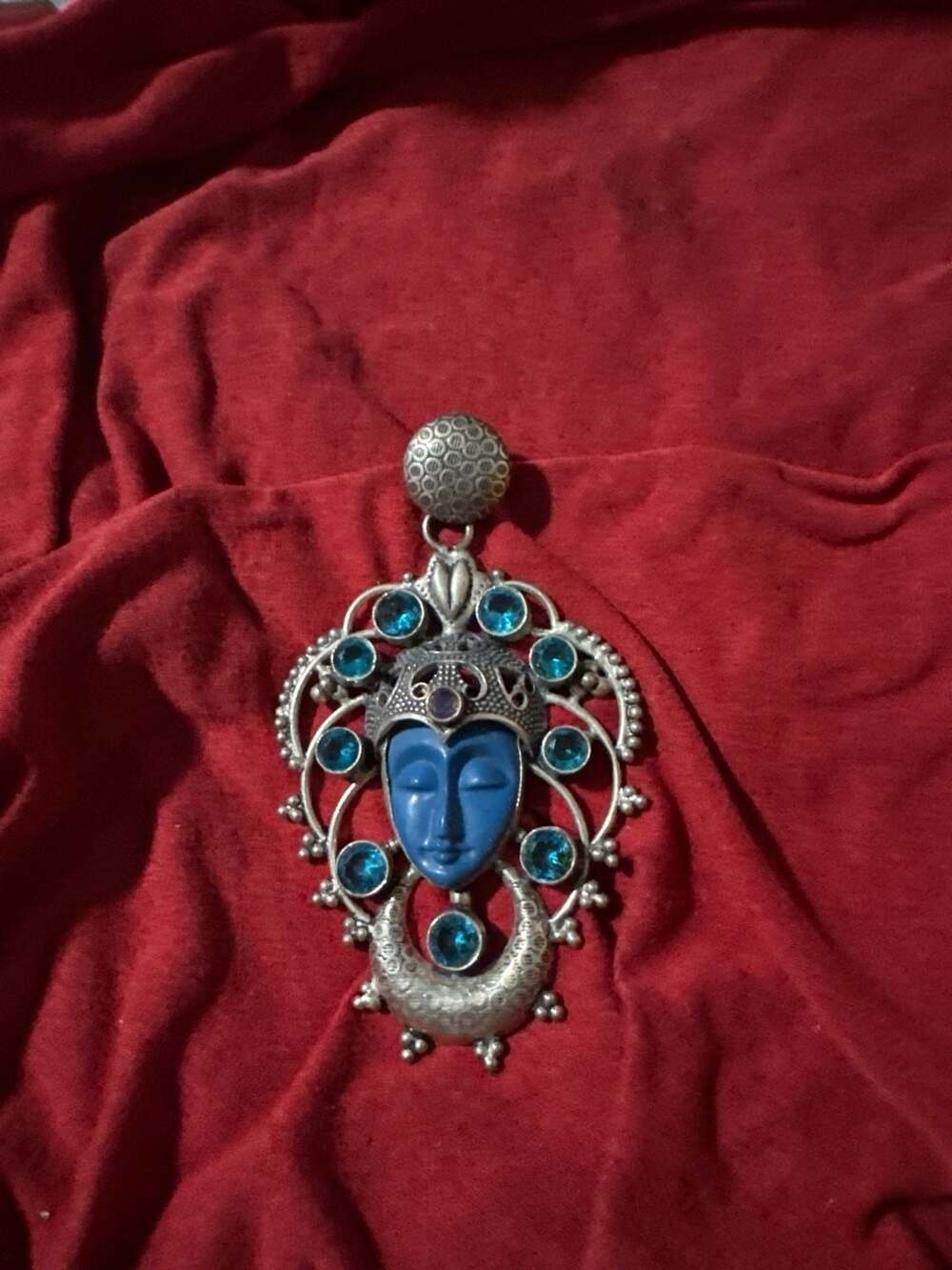 Sajen Sterling Silver Carved Blue Goddess Face Pendant with Blue Topaz Accents